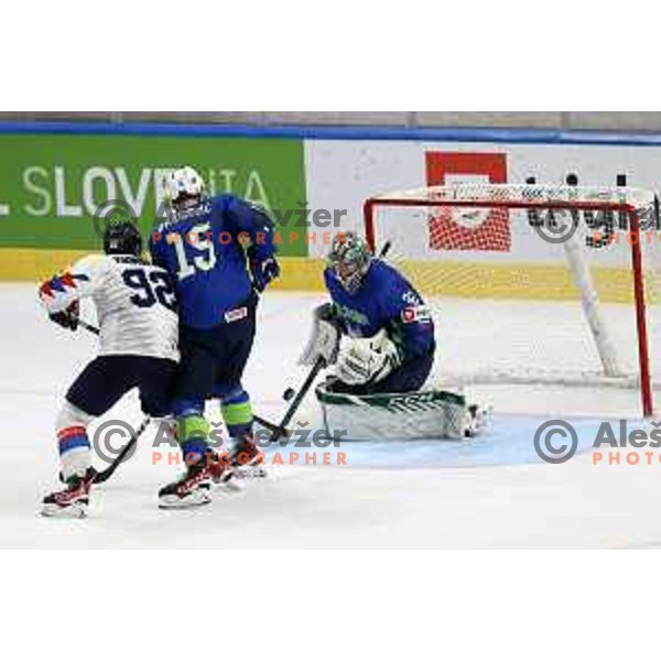 Gasper Kroselj in action during IIHF Ice-hockey World Championship 2022 division I group A match between Slovenia and South Korea in Ljubljana, Slovenia on May 8, 2022