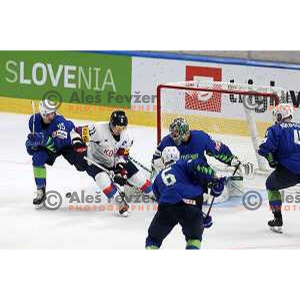 in action during IIHF Ice-hockey World Championship 2022 division I group A match between Slovenia and South Korea in Ljubljana, Slovenia on May 8, 2022