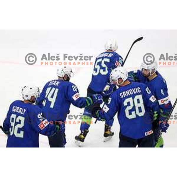 in action during IIHF Ice-hockey World Championship 2022 division I group A match between Slovenia and South Korea in Ljubljana, Slovenia on May 8, 2022