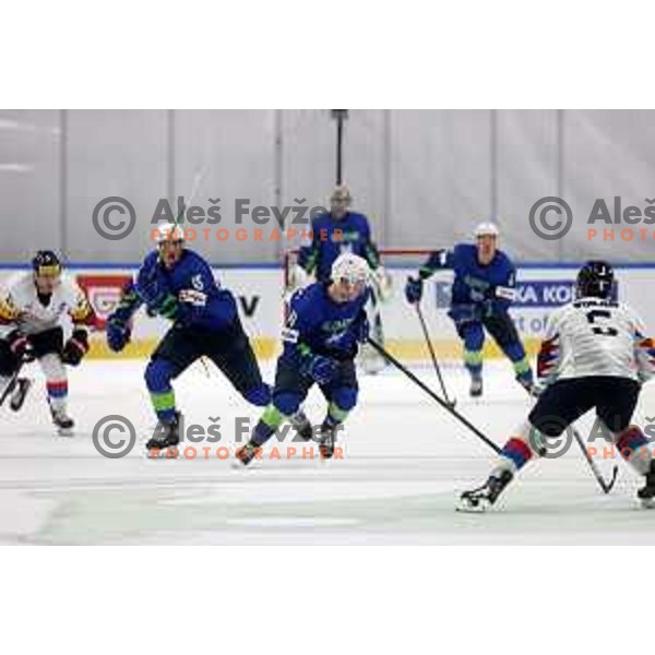 in action during IIHF Ice-hockey World Championship 2022 division I group A match between Slovenia and South Korea in Ljubljana, Slovenia on May 8, 2022