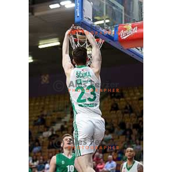 Luka Scuka in action during Nova KBM league match between Cedevita Olimpija and Krka in Ljubljana, Slovenia on May 9, 2022