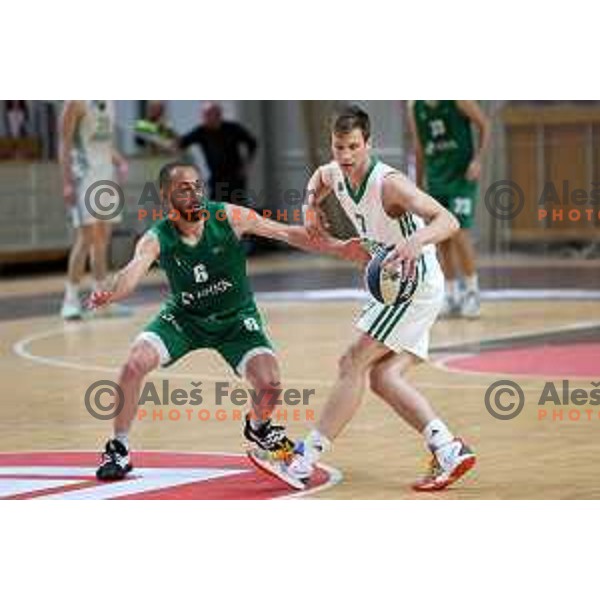Rok Stipcevic and Dan Duscak in action during Nova KBM league match between Cedevita Olimpija and Krka in Ljubljana, Slovenia on May 9, 2022