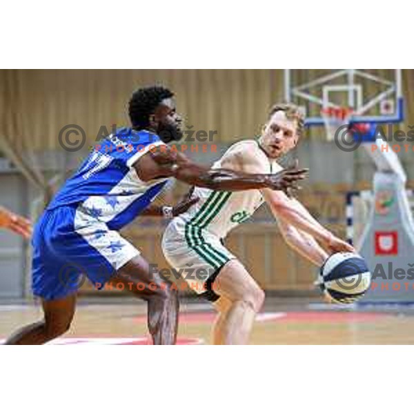 Ronald Eugene Jackson JR and Jaka Blazic in action during first semi-final match of Nova KBM league between Cedevita Olimpija and Rogaska in Tivoli Hall, Ljubljana, Slovenia on May 14, 2022