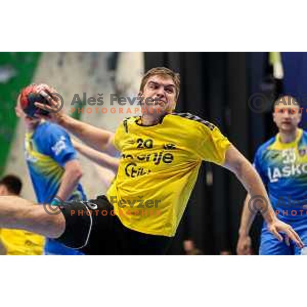 Jernej Drobez in action during semi final of Slovenian handball cup match between Gorenje Velenje and Celje Pivovarna Lasko in Slovenj Gradec, Slovenia on May 14, 2022