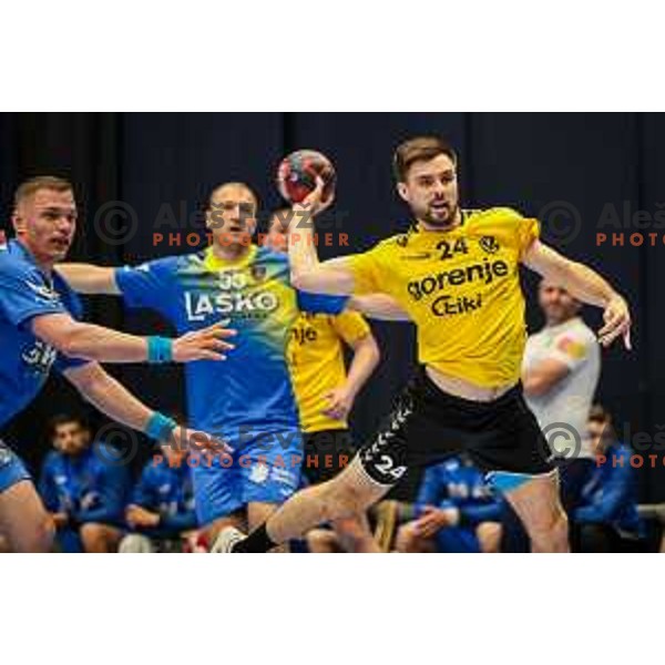 Tilen Sokolic in action during semi final of Slovenian handball cup match between Gorenje Velenje and Celje Pivovarna Lasko in Slovenj Gradec, Slovenia on May 14, 2022