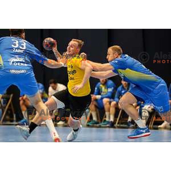 Domen Tajnik in action during semi final of Slovenian handball cup match between Gorenje Velenje and Celje Pivovarna Lasko in Slovenj Gradec, Slovenia on May 14, 2022