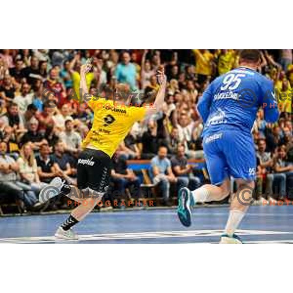 Domen Tajnik in action during semi final of Slovenian handball cup match between Gorenje Velenje and Celje Pivovarna Lasko in Slovenj Gradec, Slovenia on May 14, 2022