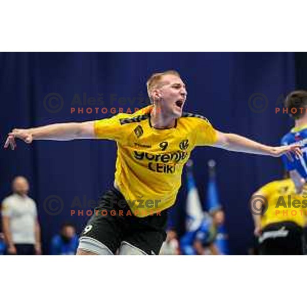 Domen Tajnik in action during semi final of Slovenian handball cup match between Gorenje Velenje and Celje Pivovarna Lasko in Slovenj Gradec, Slovenia on May 14, 2022