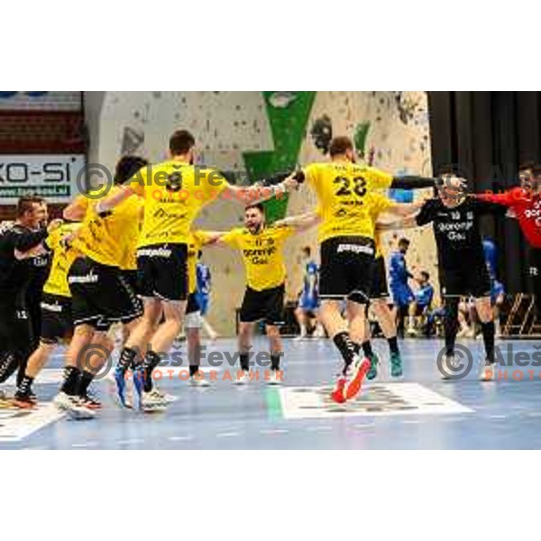 Emir Taletovic and players of Gorenje celebrate victory in semi final of Slovenian handball cup match between Gorenje Velenje and Celje Pivovarna Lasko in Slovenj Gradec, Slovenia on May 14, 2022