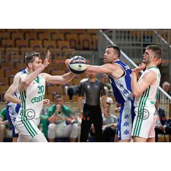 Zoran Dragic, Nejc Zupan and Edo Muric in action during first semi-final match of Nova KBM league between Cedevita Olimpija and Rogaska in Tivoli Hall, Ljubljana, Slovenia on May 14, 2022