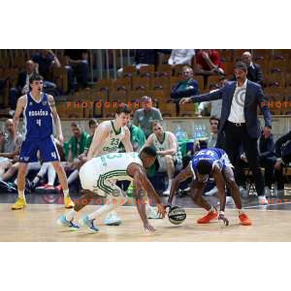 Melvin Ejim and Ronald Eugene Jackson JR in action during first semi-final match of Nova KBM league between Cedevita Olimpija and Rogaska in Tivoli Hall, Ljubljana, Slovenia on May 14, 2022