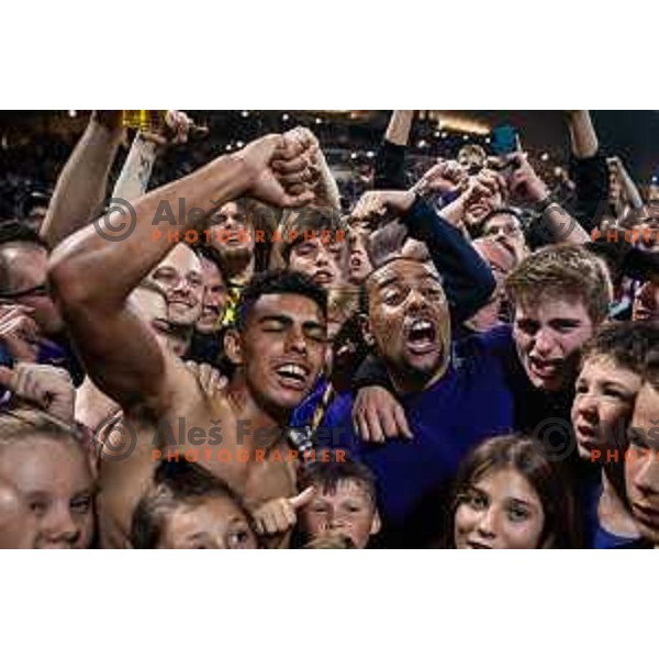 Marcos Tavares Junior and Marcos Tavares celebrating with fans after Prva liga Telemach football match between Maribor and Aluminij in Ljudski vrt, Maribor, Slovenia on May 14, 2022. Photo: Jure Banfi/www.alesfevzer.com