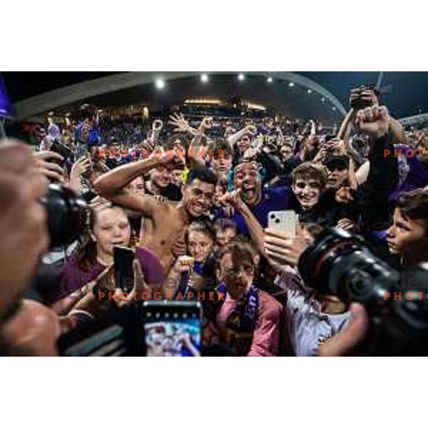Marcos Tavares Junior and Marcos Tavares celebrating with fans after Prva liga Telemach football match between Maribor and Aluminij in Ljudski vrt, Maribor, Slovenia on May 14, 2022. Photo: Jure Banfi/www.alesfevzer.com