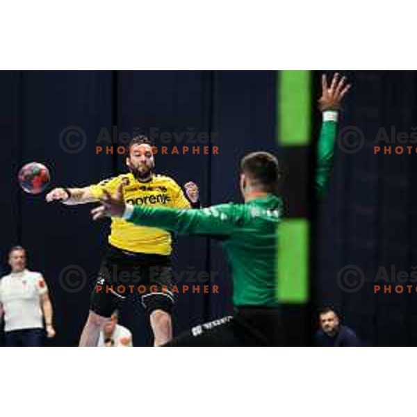 Matic Verdinek in action during semi final of Slovenian handball cup match between Gorenje Velenje and Celje Pivovarna Lasko in Slovenj Gradec, Slovenia on May 14, 2022