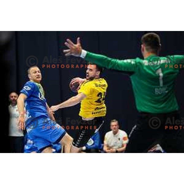 Tilen Sokolic in action during semi final of Slovenian handball cup match between Gorenje Velenje and Celje Pivovarna Lasko in Slovenj Gradec, Slovenia on May 14, 2022
