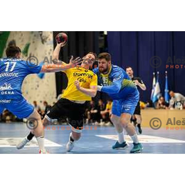Domen Tajnik in action during semi final of Slovenian handball cup match between Gorenje Velenje and Celje Pivovarna Lasko in Slovenj Gradec, Slovenia on May 14, 2022