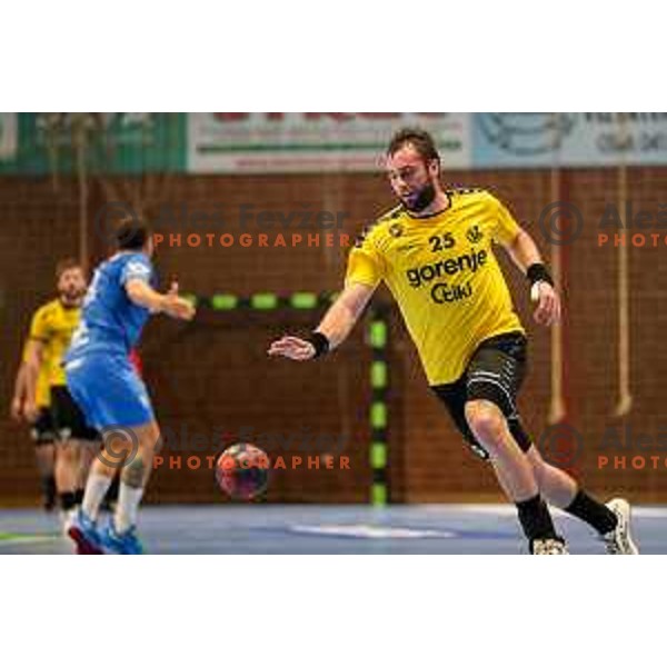 Matic Verdinek in action during semi final of Slovenian handball cup match between Gorenje Velenje and Celje Pivovarna Lasko in Slovenj Gradec, Slovenia on May 14, 2022