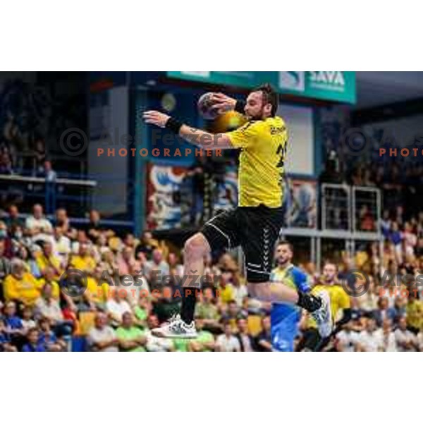 Matic Verdinek in action during semi final of Slovenian handball cup match between Gorenje Velenje and Celje Pivovarna Lasko in Slovenj Gradec, Slovenia on May 14, 2022