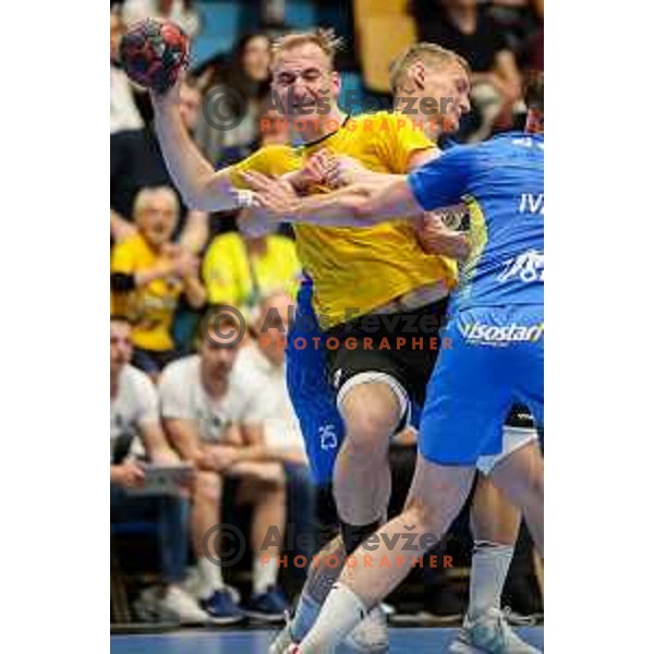 Domen Tajnik in action during semi final of Slovenian handball cup match between Gorenje Velenje and Celje Pivovarna Lasko in Slovenj Gradec, Slovenia on May 14, 2022