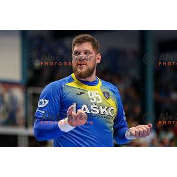 Matic Suholeznik in action during semi final of Slovenian handball cup match between Gorenje Velenje and Celje Pivovarna Lasko in Slovenj Gradec, Slovenia on May 14, 2022