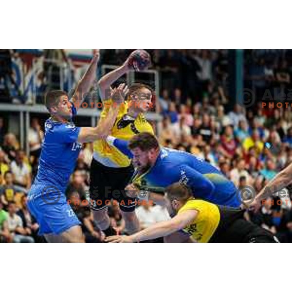 Enej Slatinek Jovicic in action during semi final of Slovenian handball cup match between Gorenje Velenje and Celje Pivovarna Lasko in Slovenj Gradec, Slovenia on May 14, 2022