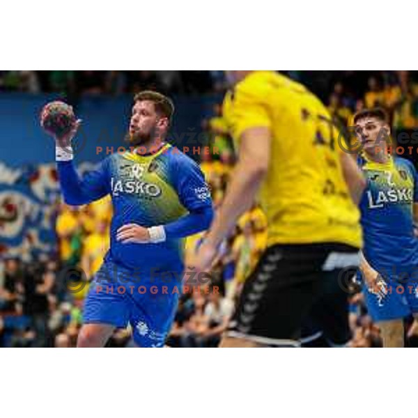 Matic Suholeznik in action during semi final of Slovenian handball cup match between Gorenje Velenje and Celje Pivovarna Lasko in Slovenj Gradec, Slovenia on May 14, 2022