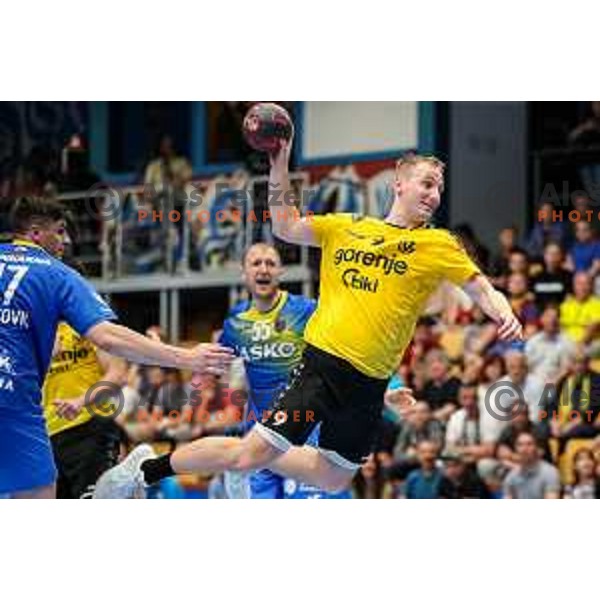 Domen Tajnik in action during semi final of Slovenian handball cup match between Gorenje Velenje and Celje Pivovarna Lasko in Slovenj Gradec, Slovenia on May 14, 2022