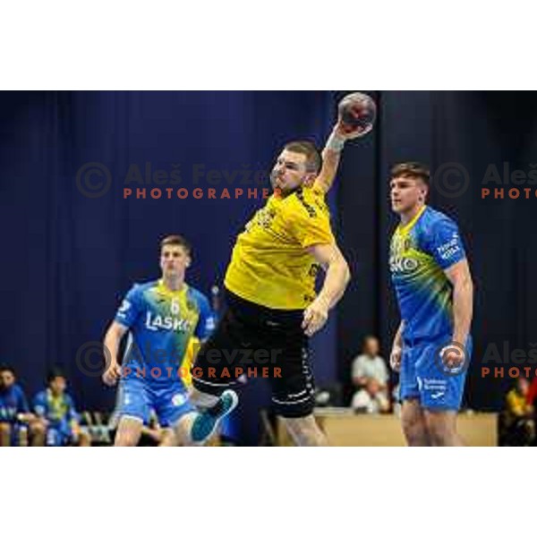 Branko Predovic in action during semi final of Slovenian handball cup match between Gorenje Velenje and Celje Pivovarna Lasko in Slovenj Gradec, Slovenia on May 14, 2022