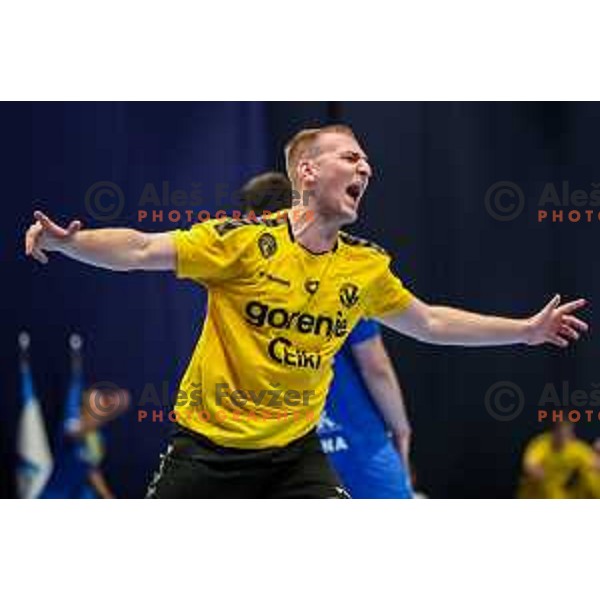 Domen Tajnik in action during semi final of Slovenian handball cup match between Gorenje Velenje and Celje Pivovarna Lasko in Slovenj Gradec, Slovenia on May 14, 2022