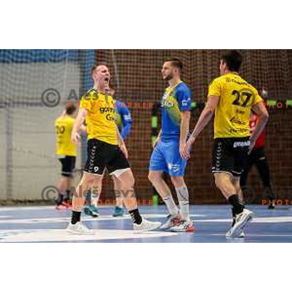 Domen Tajnik in action during semi final of Slovenian handball cup match between Gorenje Velenje and Celje Pivovarna Lasko in Slovenj Gradec, Slovenia on May 14, 2022