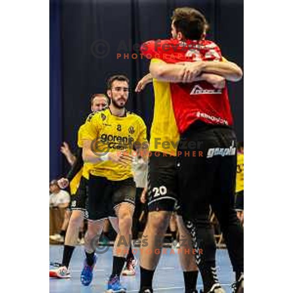 Ibrahim Haseljic and players of Gorenje celebrate victory in semi final of Slovenian handball cup match between Gorenje Velenje and Celje Pivovarna Lasko in Slovenj Gradec, Slovenia on May 14, 2022