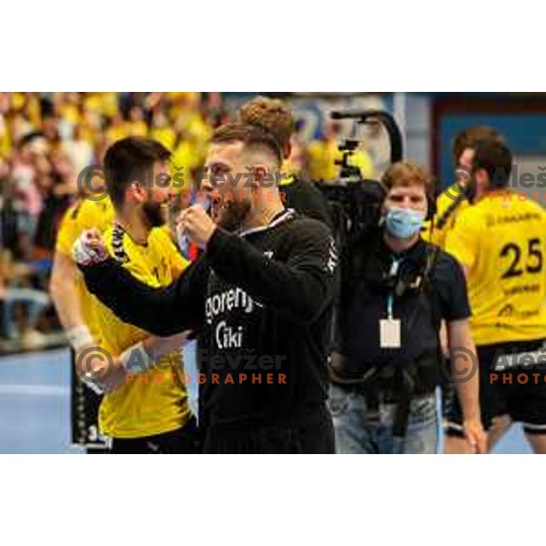 Aljaz Pajntar in action during semi final of Slovenian handball cup match between Gorenje Velenje and Celje Pivovarna Lasko in Slovenj Gradec, Slovenia on May 14, 2022