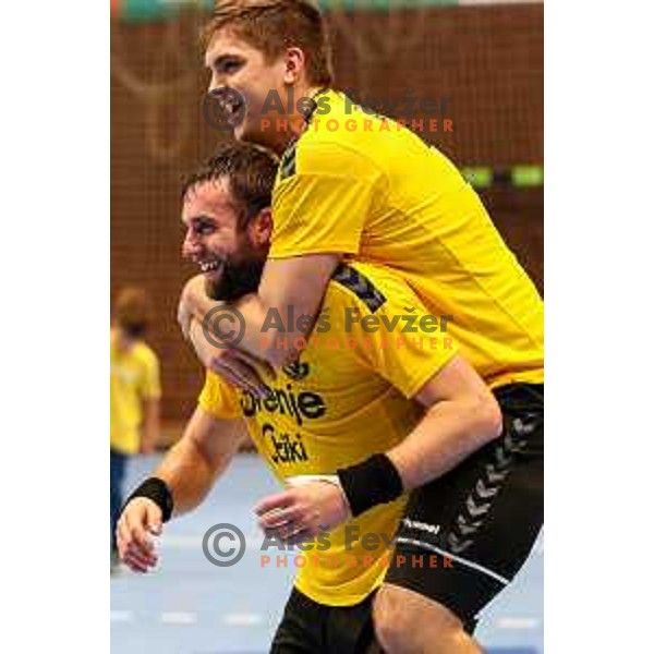 Matic Verdinek and Jernej Drobez during semi final of Slovenian handball cup match between Gorenje Velenje and Celje Pivovarna Lasko in Slovenj Gradec, Slovenia on May 14, 2022