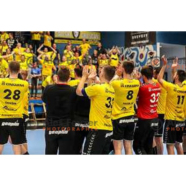 Emir Taletovic and players of Gorenje celebrate victory in semi final of Slovenian handball cup match between Gorenje Velenje and Celje Pivovarna Lasko in Slovenj Gradec, Slovenia on May 14, 2022