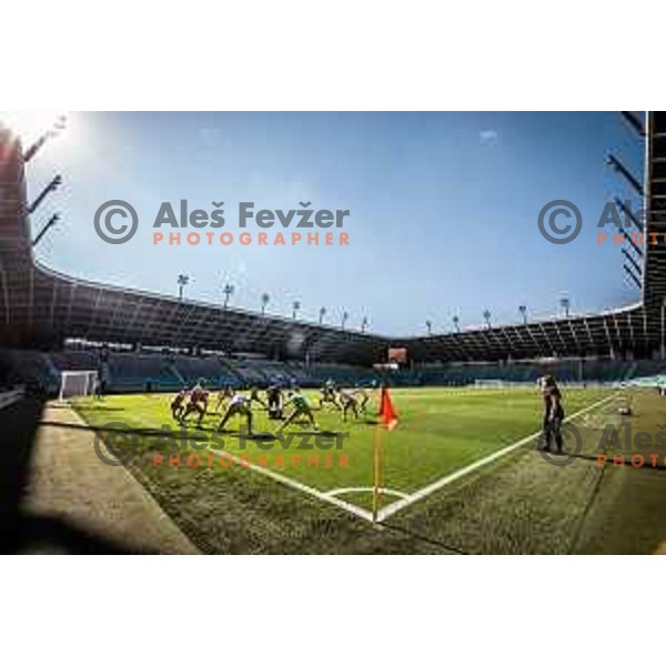 Players of Mura warming up prior to Prva liga Telemach football match between Olimpija and Mura in Stožice, Ljubljana, Slovenia on May 15, 2022. Photo: Jure Banfi/www.alesfevzer.com