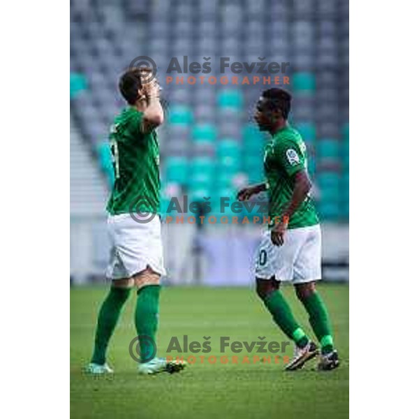 Mustafa Nukic and Eric Boakye celebrating during Prva liga Telemach football match between Olimpija and Mura in Stožice, Ljubljana, Slovenia on May 15, 2022. Photo: Jure Banfi/www.alesfevzer.com