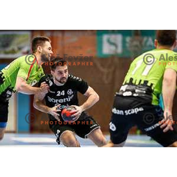 Tilen Sokolic in action during final of Slovenian handball cup match between Gorenje Velenje and Urbanscape Loka in Slovenj Gradec, Slovenia on May 15, 2022