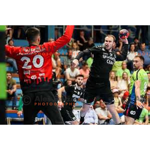 Timotej Grmsek in action during final of Slovenian handball cup match between Gorenje Velenje and Urbanscape Loka in Slovenj Gradec, Slovenia on May 15, 2022