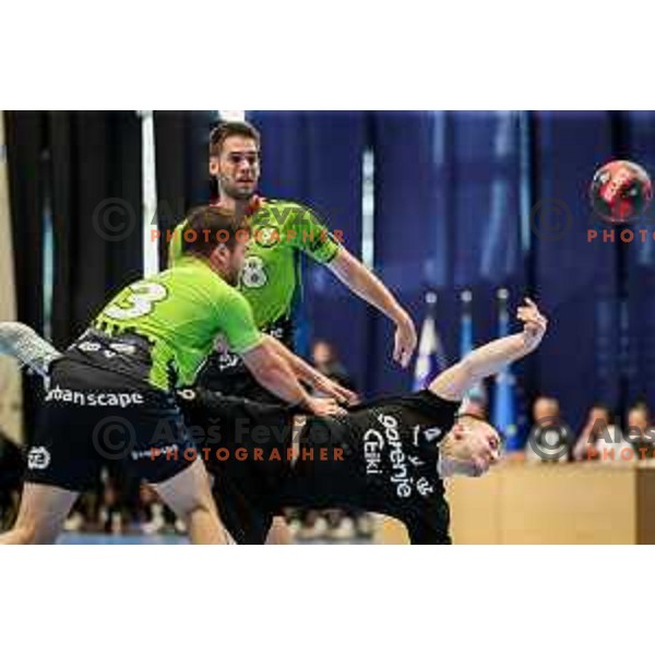 Domen Tajnik in action during final of Slovenian handball cup match between Gorenje Velenje and Urbanscape Loka in Slovenj Gradec, Slovenia on May 15, 2022