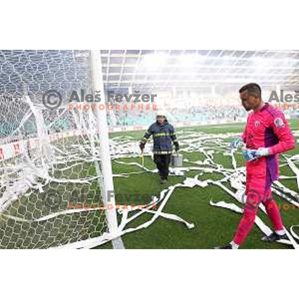 Marko Zalokar in between paper stripes on the pitch during Prva Liga Telemach football match between Olimpija and Mura in SRC Stozice, Ljubljana, Slovenia on May 15, 2022