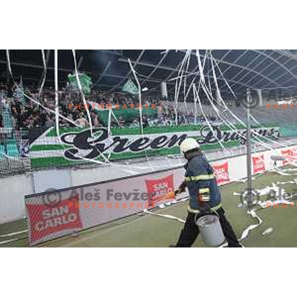 Paper stripes on the pitch during Prva Liga Telemach football match between Olimpija and Mura in SRC Stozice, Ljubljana, Slovenia on May 15, 2022
