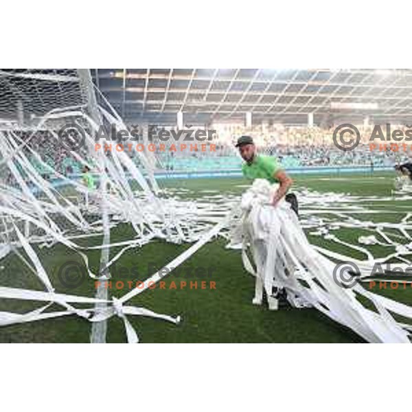 Paper stripes on the pitch during Prva Liga Telemach football match between Olimpija and Mura in SRC Stozice, Ljubljana, Slovenia on May 15, 2022