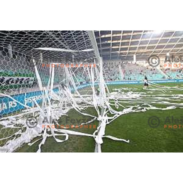 Paper stripes on the pitch during Prva Liga Telemach football match between Olimpija and Mura in SRC Stozice, Ljubljana, Slovenia on May 15, 2022