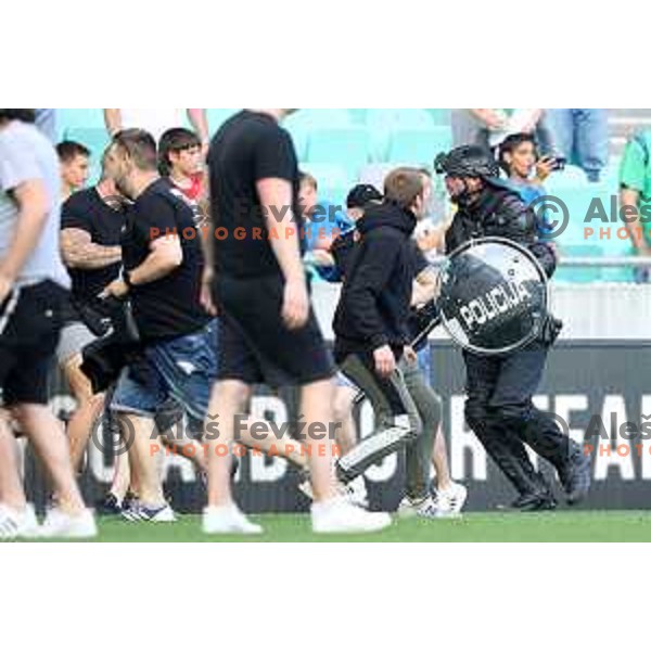 Special police forces on the pitch during Prva Liga Telemach football match between Olimpija and Mura in SRC Stozice, Ljubljana, Slovenia on May 15, 2022