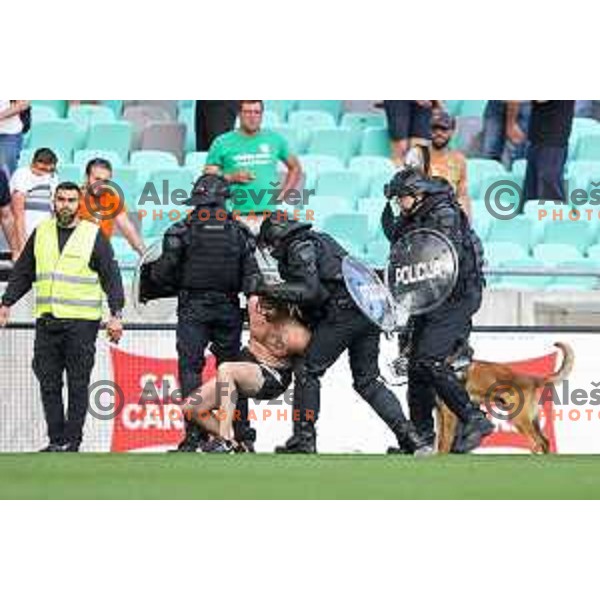 Special police forces on the pitch during Prva Liga Telemach football match between Olimpija and Mura in SRC Stozice, Ljubljana, Slovenia on May 15, 2022