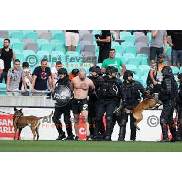 Special police forces on the pitch during Prva Liga Telemach football match between Olimpija and Mura in SRC Stozice, Ljubljana, Slovenia on May 15, 2022