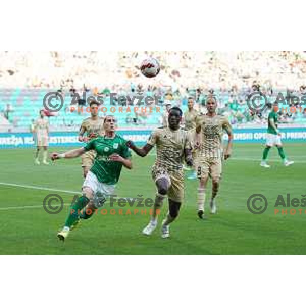 Robert Mudrazija and Samsidin Ouro in action during Prva Liga Telemach football match between Olimpija and Mura in SRC Stozice, Ljubljana, Slovenia on May 15, 2022
