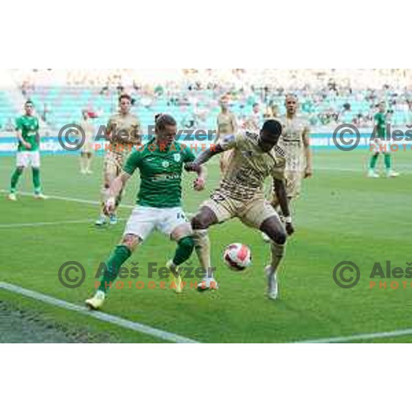 Robert Mudrazija and Samsidin Ouro in action during Prva Liga Telemach football match between Olimpija and Mura in SRC Stozice, Ljubljana, Slovenia on May 15, 2022