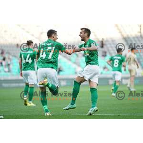 Ivan Prtajin and Mustafa Nukic celebrate goal during Prva Liga Telemach football match between Olimpija and Mura in SRC Stozice, Ljubljana, Slovenia on May 15, 2022