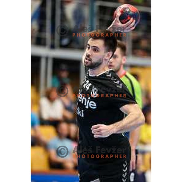 Tilen Sokolic in action during final of Slovenian handball cup match between Gorenje Velenje and Urbanscape Loka in Slovenj Gradec, Slovenia on May 15, 2022